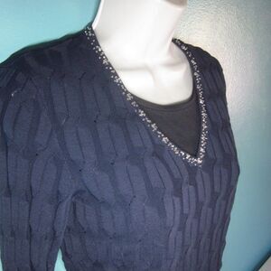 Mainbocher Navy Blue Fitted Knit Pullover Sweater Womens Size S Beaded V Neck